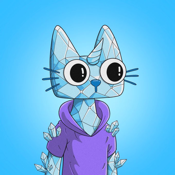 A cute blue crystalline cat character wearing a purple hoodie emerges from a field of ice crystals, with oversized expressive eyes and a stylized low-poly aesthetic. The custom PFP artwork exemplifies the community-sourced "ChubbiCets" profile pictures being created for $CETS holders, as referenced in the post.