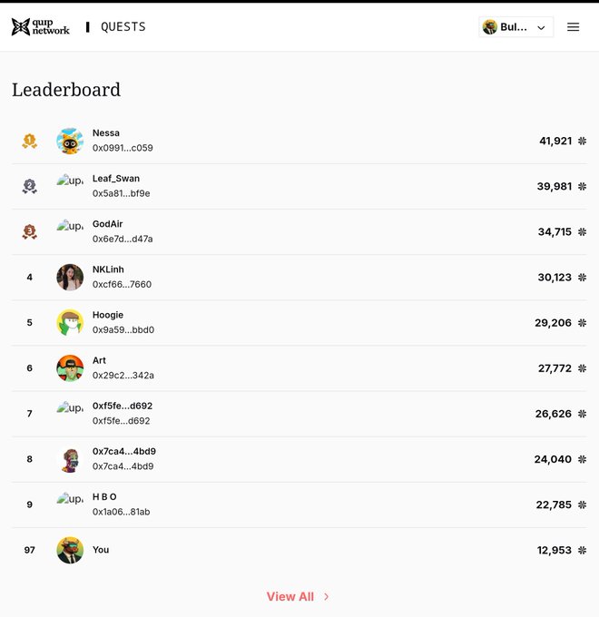 A leaderboard from Quai Network Quests displays rankings with users Nessa (41,921), Leaf_Swan (39,981), and GodAir (34,715) at the top.