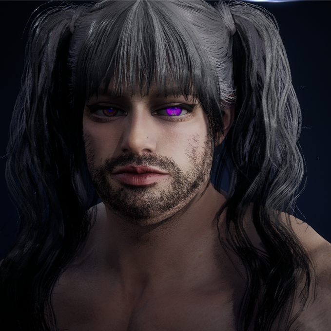 A digital 3D character render features a male figure with long, dark pigtail-style hair, stubble, and a striking purple glowing eye, paired with a warm post introducing their start in "AION." The image visually represents the new player's fantasy avatar as they begin their journey in the game.