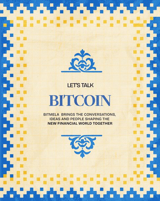 A decorative card bordered with a blue and yellow checkered pattern displays the text 'LET'S TALK BITCOIN' alongside the tagline 'BITMELA Brings the conversations, ideas and people shaping the new financial world together.'