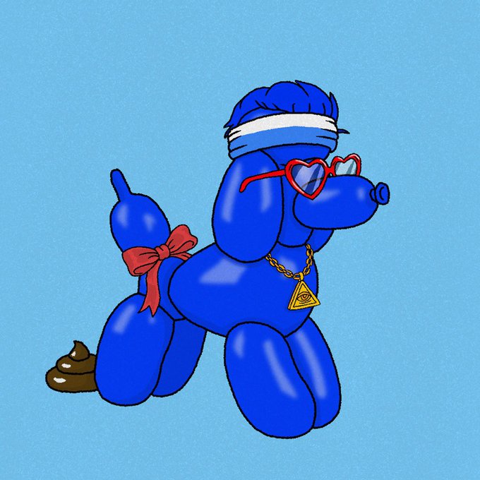 A digital illustration of a blue balloon dog wearing a white headband, heart-shaped sunglasses, a gold chain with an 'all-seeing eye' pendant, and a red bow on its tail, with a small pile of poop behind it.