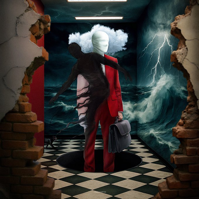 A surreal digital artwork showing a figure in a red suit with a shadow-like body and a cloud for a head, holding a briefcase in a room with a stormy sea mural, cracked walls, and a black hole on the checkered floor.