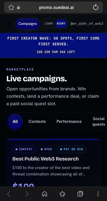 A screenshot of the promo.suedeai.ai website displaying a "First Creator Wave" banner and live campaigns marketplace, including a "Best Public Web3 Research" contest paying $100.