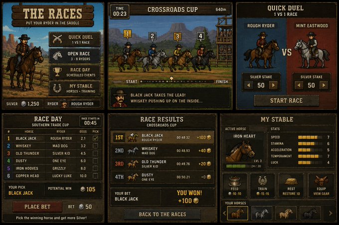 Screenshots from a horse racing mobile game, showing race results for the 'Crossroads Cup' won by 'Black Jack' on a Rough Ryder horse.