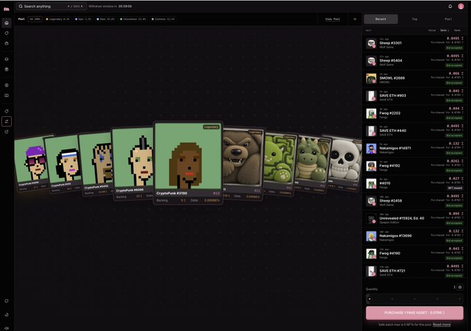 A dark-themed NFT marketplace interface showing a fan of colorful pixel-art and cryptoPunks-style collectible cards with an asset sidebar on the right.