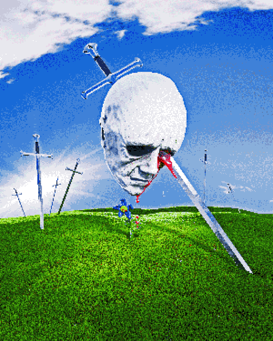 A surreal digital artwork depicting a large pale face/head impaled by swords, set against a green grassy hill with crosses and a blue sky background.