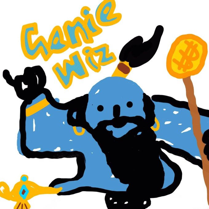 A digital drawing labeled "Canie Wiz" features a blue-skinned figure with a dark beard wearing a top hat, holding a staff topped with a Bitcoin logo.