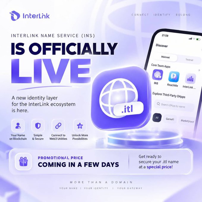A promotional graphic for 'InterLink Name Service (INS)' announcing it is 'OFFICIALLY LIVE', featuring the .itl domain and a mobile app interface.
