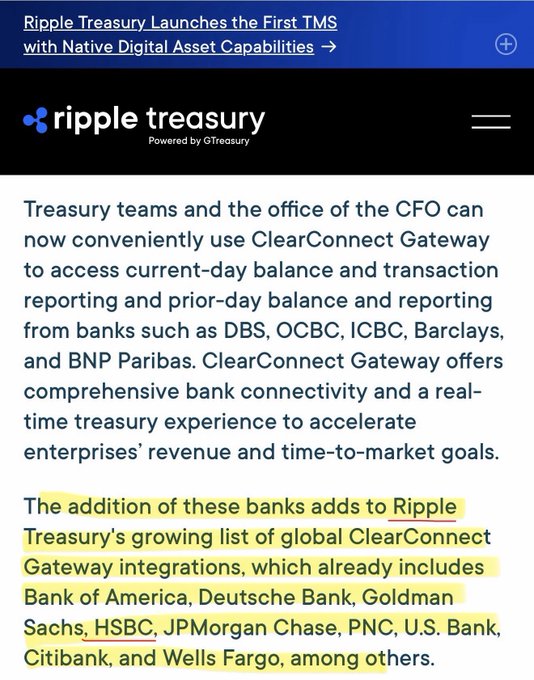 A screenshot from Ripple Treasury's announcement highlights ClearConnect Gateway's new bank integrations with DBS, OCBC, ICBC, Barclays, and BNP Paribas, joining existing partners like Bank of America, Deutsche Bank, Goldman Sachs, HSBC, JPMorgan Chase, and Wells Fargo. This aligns with the post's emphasis on Barclays and HSBC being documented as part of Ripple's growing list of ClearConnect Gateway integrations.