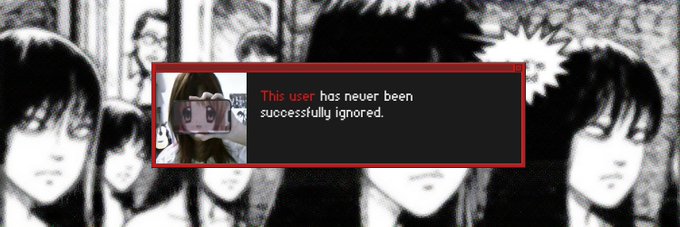 The image shows a stylized graphic featuring anime-style faces in black and white, with a red-bordered notification box in the center displaying "This user has never been successfully ignored," likely referring to the @basedangelsbtc project mentioned in the post. The bold, attention-grabbing design mirrors the promotional tone of the message, emphasizing the project's assertive and unignorable presence.
