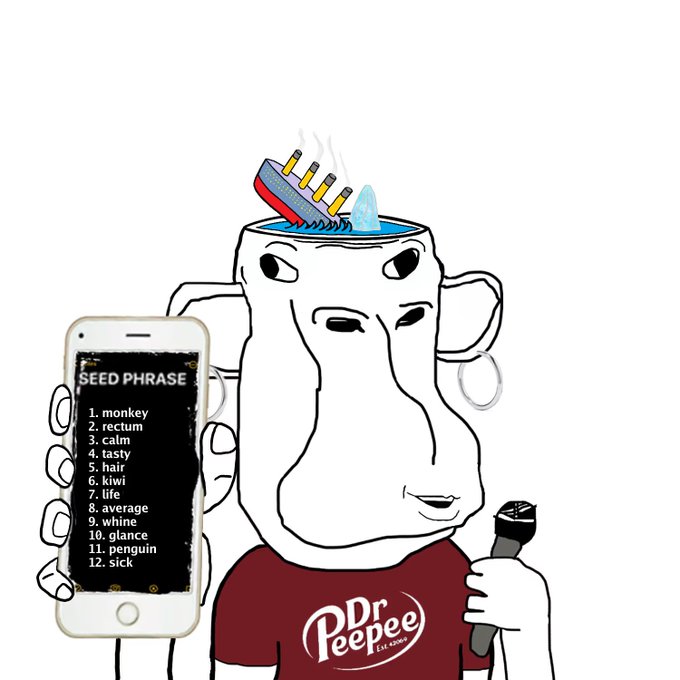 A cartoon monkey with an open head showing a ship, holding a smartphone displaying a 'SEED PHRASE' list (monkey, rectum, calm, tasty, hair, kiwi, life, average, whine, glance, penguin, sick), wearing a 'Dr Peepee Est.42069' shirt and holding a microphone.