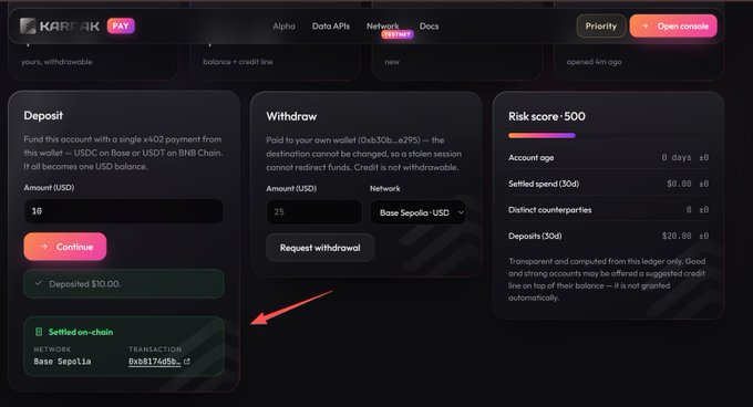 A Karak Pay account dashboard shows deposit and withdrawal options, highlighting a $10 deposit with a green 'Settled on-chain' confirmation for 8xb31740Sb.