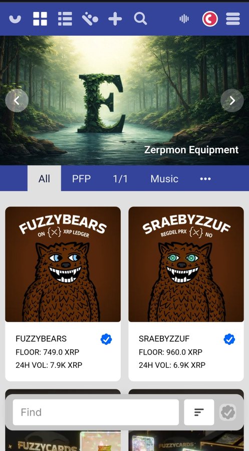A mobile app screen for 'Zerpmon Equipment' showing NFT items 'FUZZYBEARS' and 'SRAEBYZZUF' on the XRP Ledger with floor prices in XRP.