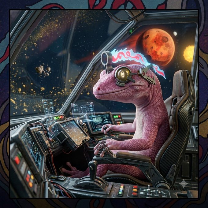 A digital artwork depicts a pink lizard-like creature wearing futuristic headset glasses, sitting at the controls of a spaceship cockpit with a red planet visible in the window.