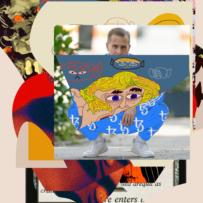 The image features a man with blonde hair wearing blue pants, posing for a picture while holding up an abstract art piece that includes a cartoon character. The background of the image shows various other pieces of artwork, including a painting of a fish and a drawing of a person's face. The text "hunter: the life objkt.com/tokens/open_ob ... @objktcom" is also present in the image.