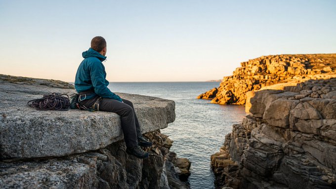 A person in a teal jacket sits on a stone ledge overlooking the sea, with climbing rope beside them and rocky cliffs in the distance.