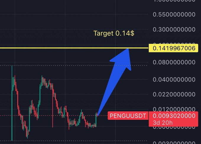 A cryptocurrency price chart displays the PENGUUSDT trading pair on a 3-day, 20-hour timeframe with a current price of 0.0093020000, featuring a prominent blue upward arrow pointing toward a yellow "Target 0.14$" line at 0.1419967006, visually supporting the post's claim of significant upside potential from current accumulation levels.