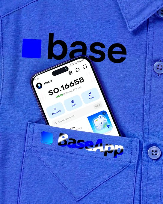A blue shirt with a 'base' logo featuring a smartphone in the pocket displaying a crypto app, and 'BaseApp' text overlaid.
