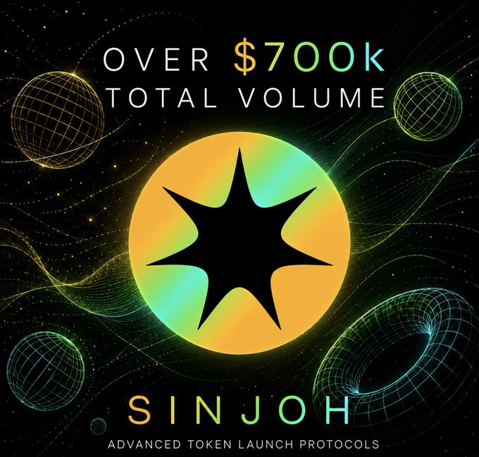 A promotional graphic for 'SINJOH - ADVANCED TOKEN LAUNCH PROTOCOLS' featuring a star logo in a glowing gradient circle, with text reading 'OVER $700K TOTAL VOLUME' against a cosmic background with wireframe spheres.
