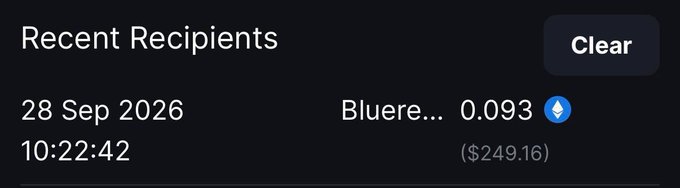 The image shows a "Recent Recipients" transaction log displaying a 0.093 SOL ($249.16) transfer sent to a recipient named "Bluere..." (likely BlueRebel) on 28 Sep 2026 at 10:22:42, which appears to be evidence of the reward distribution mentioned in the post.