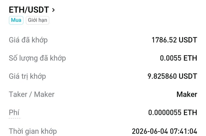 The image shows a screenshot of an Ether/USD page displayed on a phone screen. The text on the screen is in a foreign language, which suggests that this is happening in another country than where the viewer is located. There are also descriptions about the transaction involvingMaker andtaker, and other relevant information such as the date and time it happened. This might be related to the Bitcoin or Ether currency exchange, but the exact nature of the transaction remains unclear without additional context.