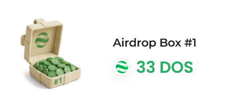 A promotional graphic showing a small open box filled with green coins labeled 'Airdrop Box #1' alongside text reading '33 DOS' next to the DOS logo.