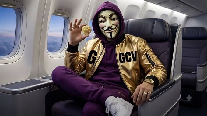 The image doesn't relate to the post. The post is about crypto regulations globally, but the image shows someone wearing a Guy Fawkes (Anonymous) mask in a gold bomber jacket with "GCV" text, holding a Bitcoin coin while seated in an airplane. 

Here's a caption describing the image:

A person wearing an Anonymous (Guy Fawkes) mask and a gold bomber jacket with "GCV" lettering holds up a Bitcoin coin while seated in an airplane cabin, dressed in a purple tracksuit and white sneakers.

Note: There's no clear thematic connection between this meme-style image and the accompanying post about international crypto regulations.