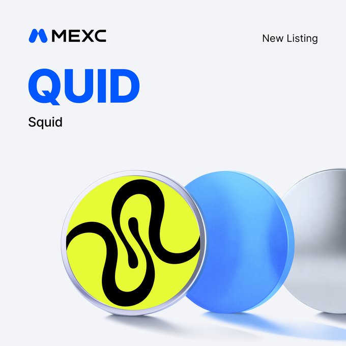 MEXC announces a new listing of $QUID (Squid) featuring three stylized coins, with $QUID/USDT trading opening August 4, 2026 at 13:00 UTC, followed by $QUID/USDC at 13:20 UTC.
