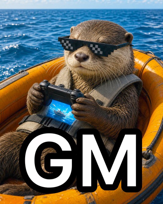 An otter wearing pixelated 'deal with it' sunglasses sits in an orange life raft on the ocean while holding a handheld gaming console, with the large white letters 'GM' overlaid at the bottom.