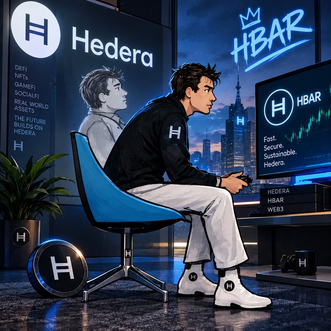 An illustrated scene shows a man in a black hoodie sitting in a gaming chair with the Hedera 'H' logo, facing monitors displaying HBAR price charts and 'Fast. Secure. Sustainable. Hedera.' against a city skyline backdrop.