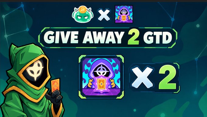 A promotional giveaway graphic featuring a hooded green character alongside the text "GIVE AWAY 2 GTD" and an "x2" symbol next to a card icon, representing a collaboration between SlimeGamingVN and Everdraw_RPG. The image advertises 2 of the 9 total guaranteed prize giveaways being offered on X, with the remaining 7 to be distributed in Slime Gaming's Discord.