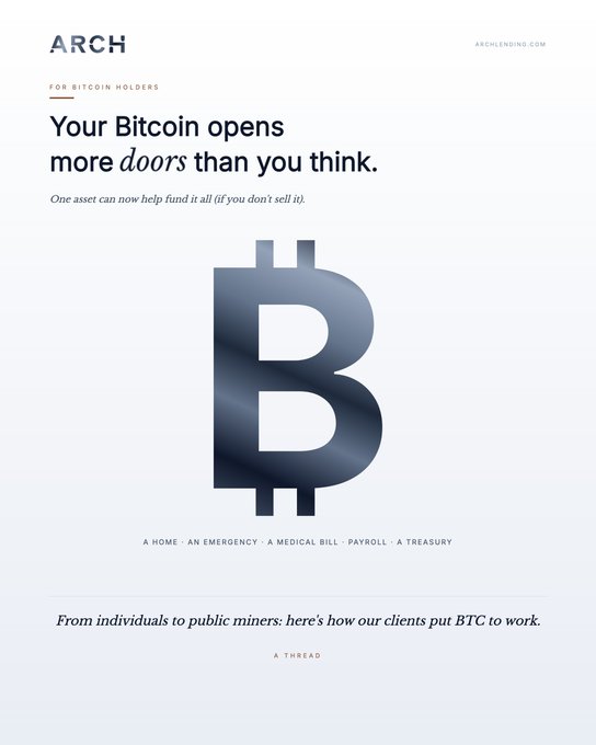 A promotional graphic for 'ARCH' with the tagline 'FOR BITCOIN HOLDERS' and the headline 'Your Bitcoin opens more doors than you think,' featuring a large stylized Bitcoin 'B' logo.