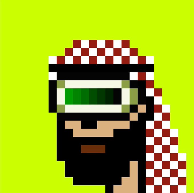 A pixel art portrait of a bearded man wearing a red and white checkered keffiyeh and dark sunglasses with glowing green lenses, set against a bright yellow-green background.