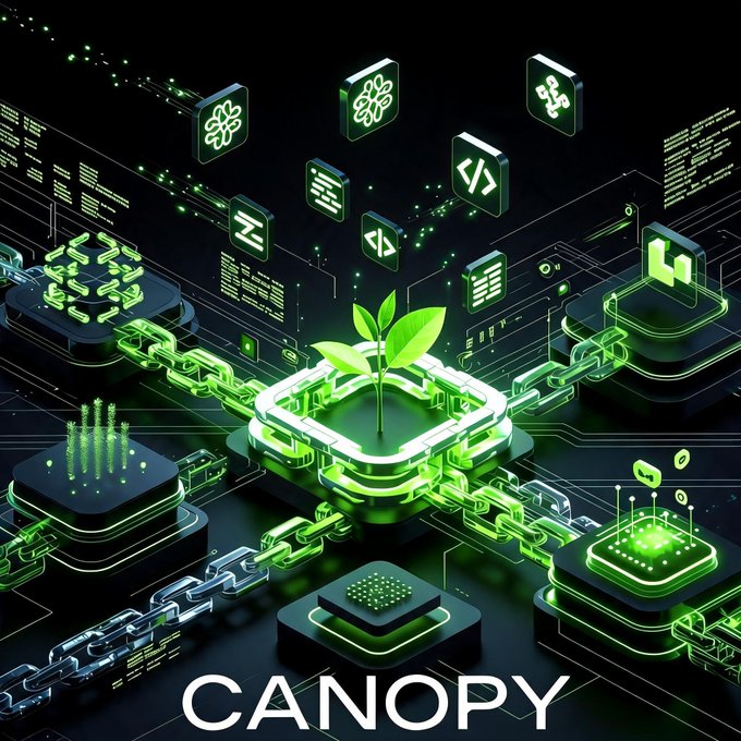 A futuristic digital graphic showing a green plant sprout inside a glowing square platform connected by chains, with 'CANOPY' text at the bottom.