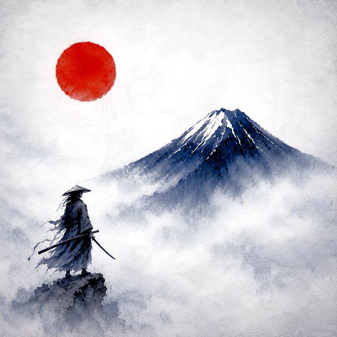 A watercolor-style painting depicting a lone samurai wearing a straw hat and carrying a sword, standing on a rocky peak gazing toward a snow-capped mountain (resembling Mount Fuji) under a bright red sun.