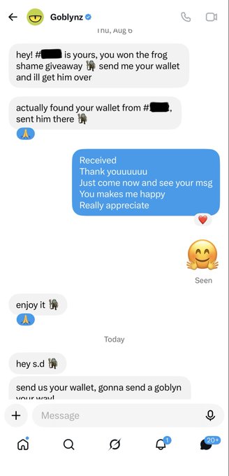 A series of Instagram direct messages between two users discussing a giveaway win, a digital frog character, and concluding with a suspicious message asking for a wallet address.