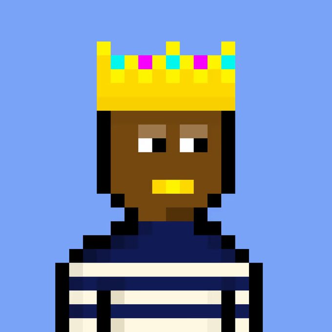 A pixel art illustration of a person with dark skin wearing a yellow crown and a striped shirt against a blue background.