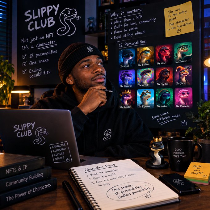 NFT marketing image for 'SLIPPY CLUB' featuring a man thinking at a laptop with notes reading 'Not just an NFT. It's a character.', '12 Personalities', and 'One snake. Different minds.'