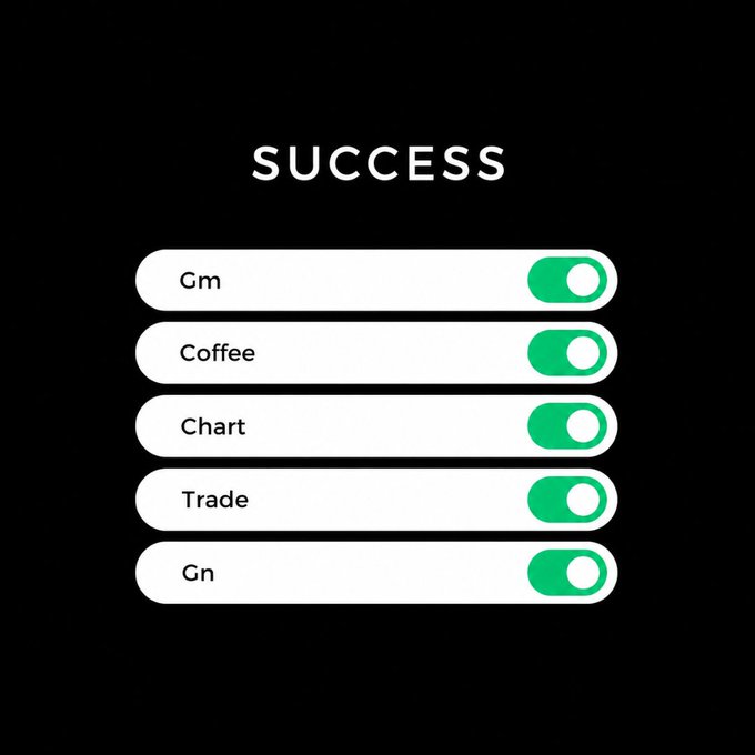The image displays a "SUCCESS" screen featuring five toggle switches all switched on (green) for: Gm, Coffee, Chart, Trade, and Gn. It visually represents the "turn them on" message, showing all daily trading routines and greetings activated.