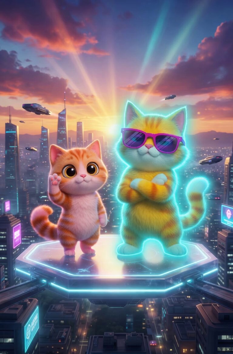 The image features two cartoon cats standing on a platform, with one cat wearing sunglasses and the other cat having its paw raised. They are surrounded by futuristic city buildings that have neon lights, giving them an urban feel. The caption "Rise and vibes fam" suggests that this scene is related to a post about embracing life or enjoying oneself in a vibrant atmosphere.