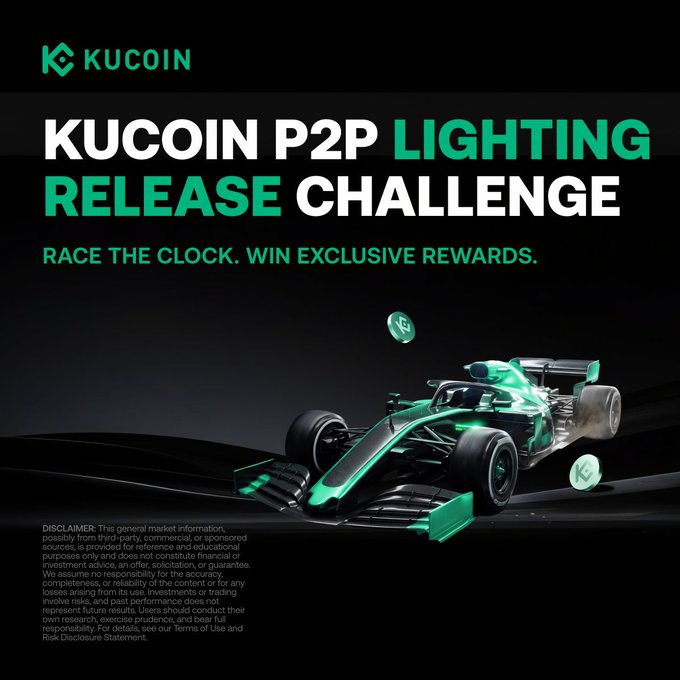 This image is a promotional banner for the "KuCoin P2P Lightning Release Challenge" featuring a green and black Formula 1 race car with KuCoin logos on its wheels, set against a dark background. The text reads "RACE THE CLOCK. WIN EXCLUSIVE REWARDS," tying the racing imagery to the post's message about competing in speed-based challenges to win prizes like USDT and GM bonuses.