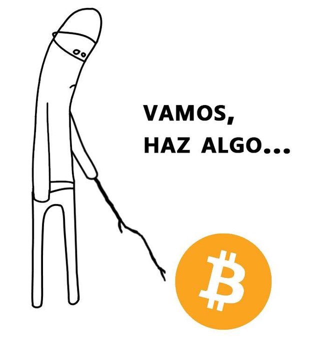 A humorous illustration of a stick figure character using a stick to poke a Bitcoin coin, with Spanish text reading 'VAMOS, HAZ ALGO...' which translates to 'COME ON, DO SOMETHING...'