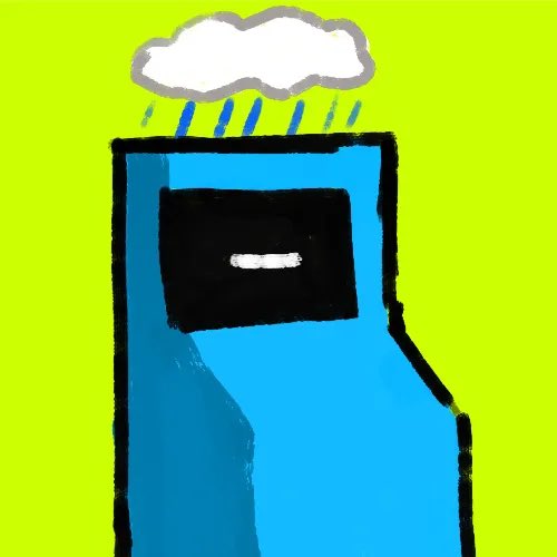 A blue Among Us crewmate character with a black visor is depicted as a "Money Printer," with rain falling from a white cloud above onto its head, symbolizing the endless flow of printed money feeding the machine in the meme about Robinhood and stock trading.