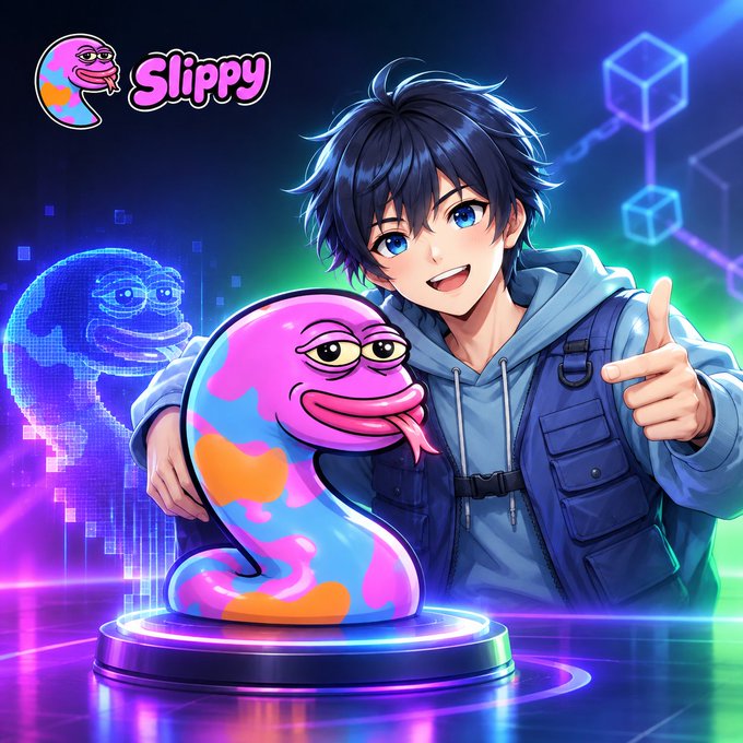 An anime-style illustration of a young man with blue hair and a blue jacket pointing at a pink, blue, and orange blob-like creature wearing glasses, with 'Slippy' written in the top left corner.