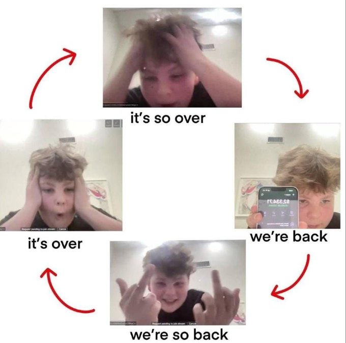A four-panel meme cycle showing a young boy with text reading 'it's so over,' 'it over,' 'we're back,' and 'we're so back,' illustrating emotional extremes.