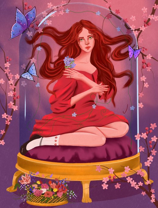An illustration depicts a red-haired woman in a red dress holding blue flowers, sitting on a purple cushion inside a glass dome surrounded by butterflies, cherry blossoms, and a basket of flowers.