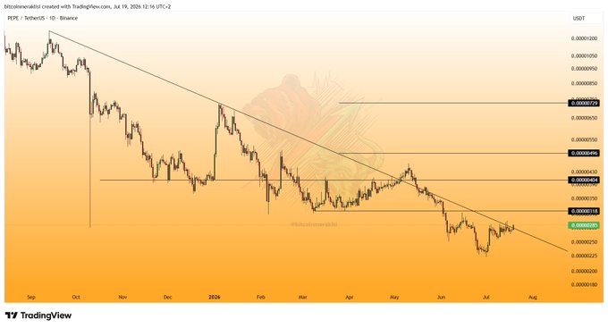 A TradingView chart of PEPE/USDT on Binance (1-day timeframe, dated July 19, 2024) shows the token trading near $0.00000935 within a descending trendline, with horizontal resistance levels marked at approximately $0.00001500, $0.00001100, $0.00000700, $0.00000600, and $0.00000400 as potential upside targets. The post suggests PEPE is positioned for a new upward wave and should be closely monitored for a breakout.