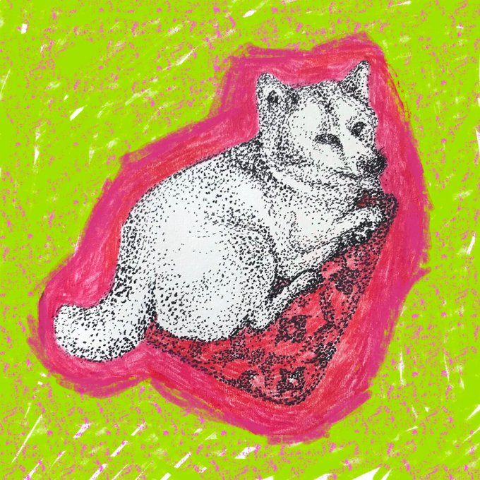 A vibrant, stylized illustration of a white cat curled up on a red patterned cushion, set against a bright lime green background.