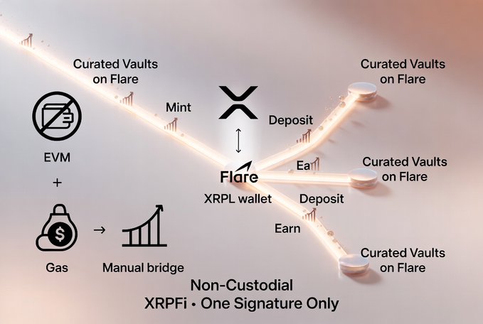 A diagram illustrating a cross-chain DeFi workflow showing the XRPL EVM sidechain connecting to Flare via a manual bridge, enabling minting of FXRP and deposits into Curated Vaults on Flare, labeled as 'Non-Custodial XRPFi · One Signature Only'.