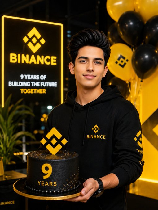 A young man in a black Binance hoodie holds a black cake topped with a yellow Binance logo, celebrating "9 YEARS OF BUILDING THE FUTURE TOGETHER" at a Binance event.